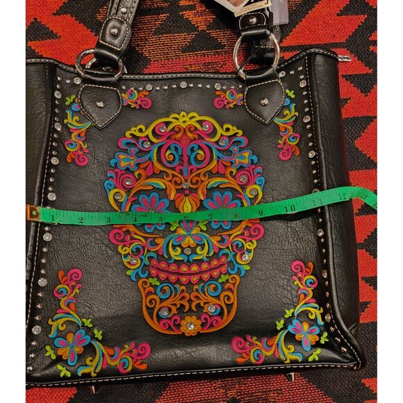 NEW Montana West Sugar Skull Studded PU Leather Handbag Black Multicolor - Picture 7 of 16